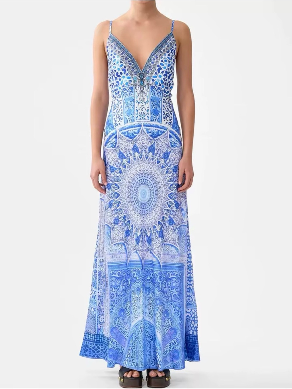 Camilla V-Neck Long Bias Slip Dress, Bosphorous, NWT, M